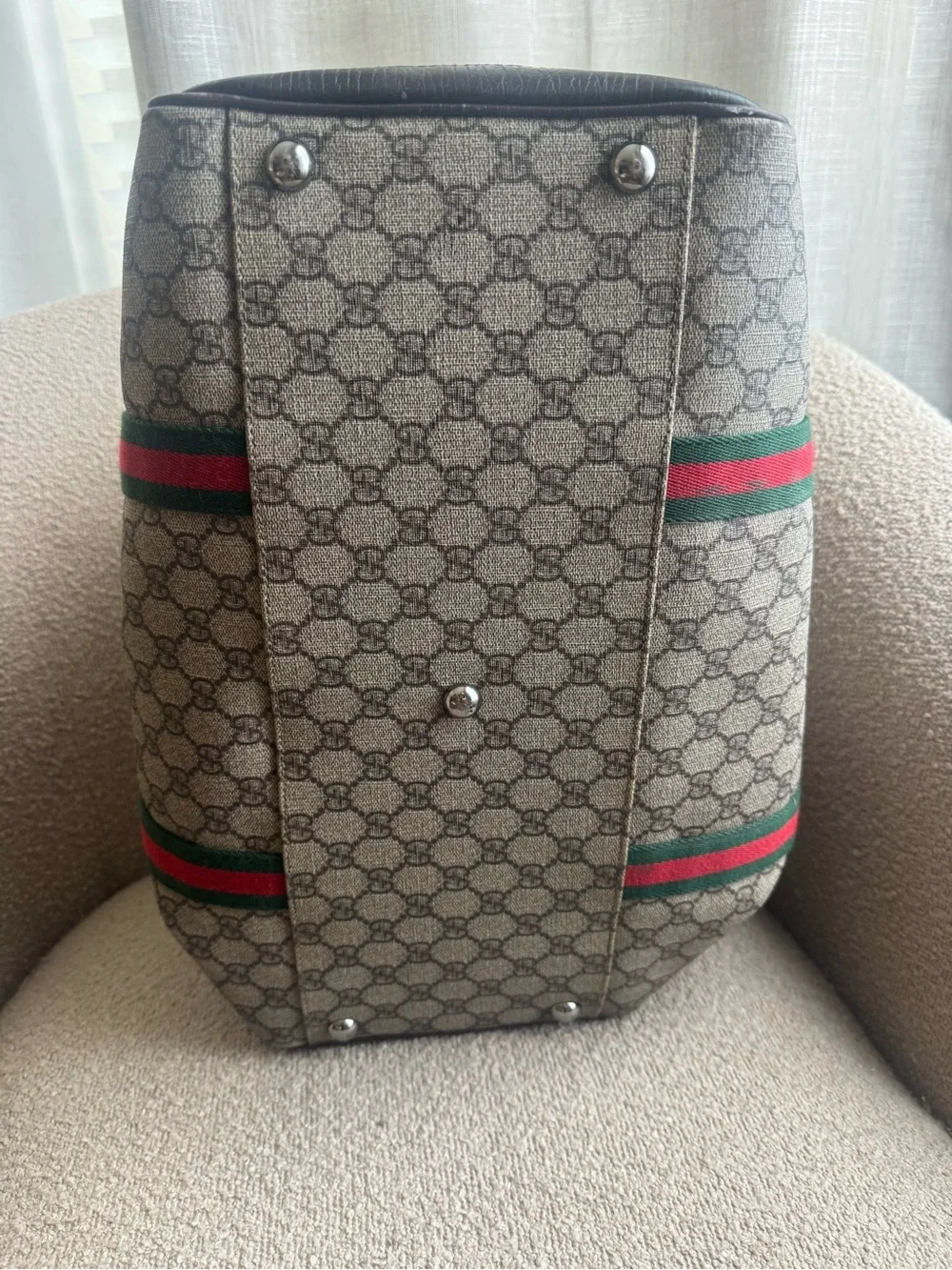 Gucci Beige Monogram Pet Travel Carrier with Green & Red Web Straps